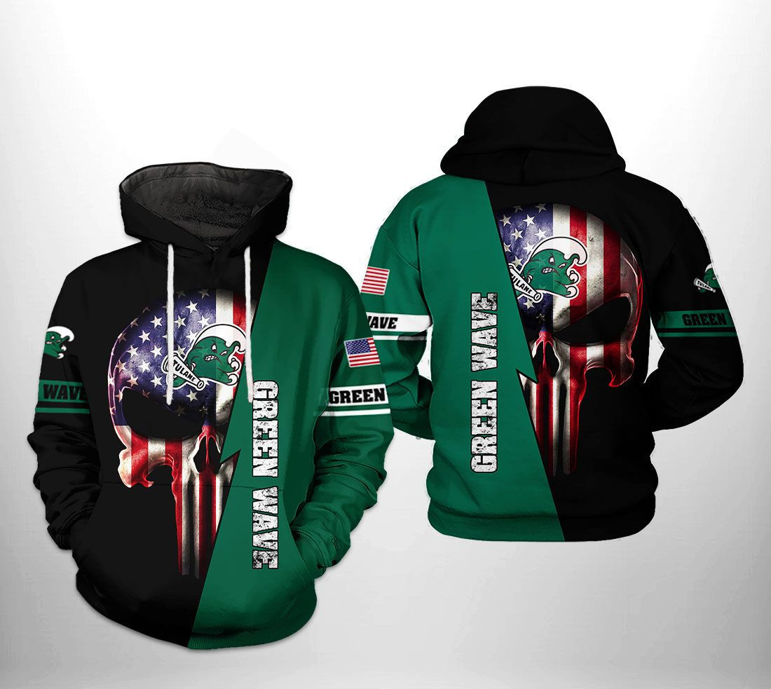 Tulane Green Wave NCAA US Flag Skull 3D All Over Print Hoodie, Zip Hoodie