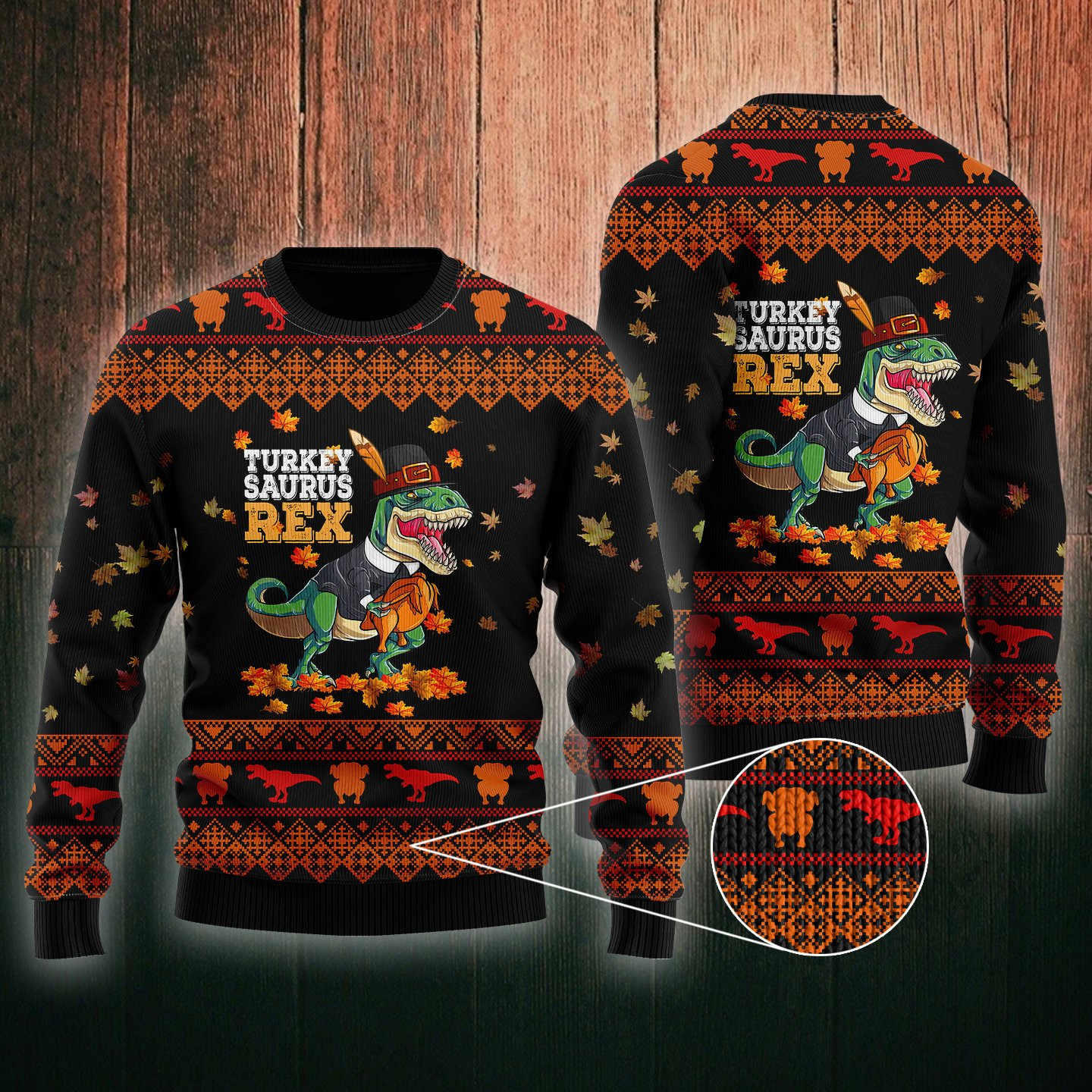 Turkey Saurus Rex Thanksgiving Ugly Christmas Sweater Adult 3D Funny Matching for family