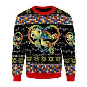 Turtle Autism Be You The World Will Aujust Ugly Christmas Sweater Adult 3D Funny Matching for family - Image 2