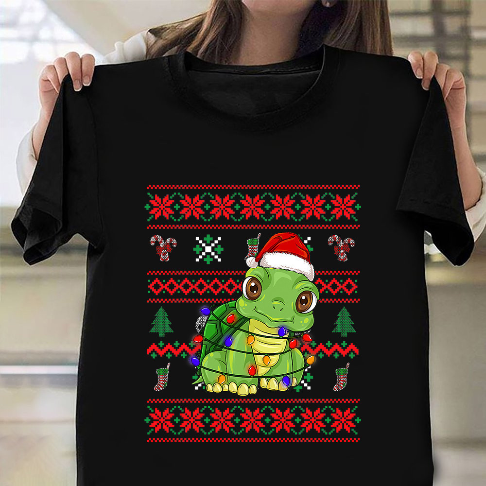 Turtle Santa Lights Xmas Ugly Christmas Sweater T-Shirt Cute Christmas Gifts For Boyfriend
