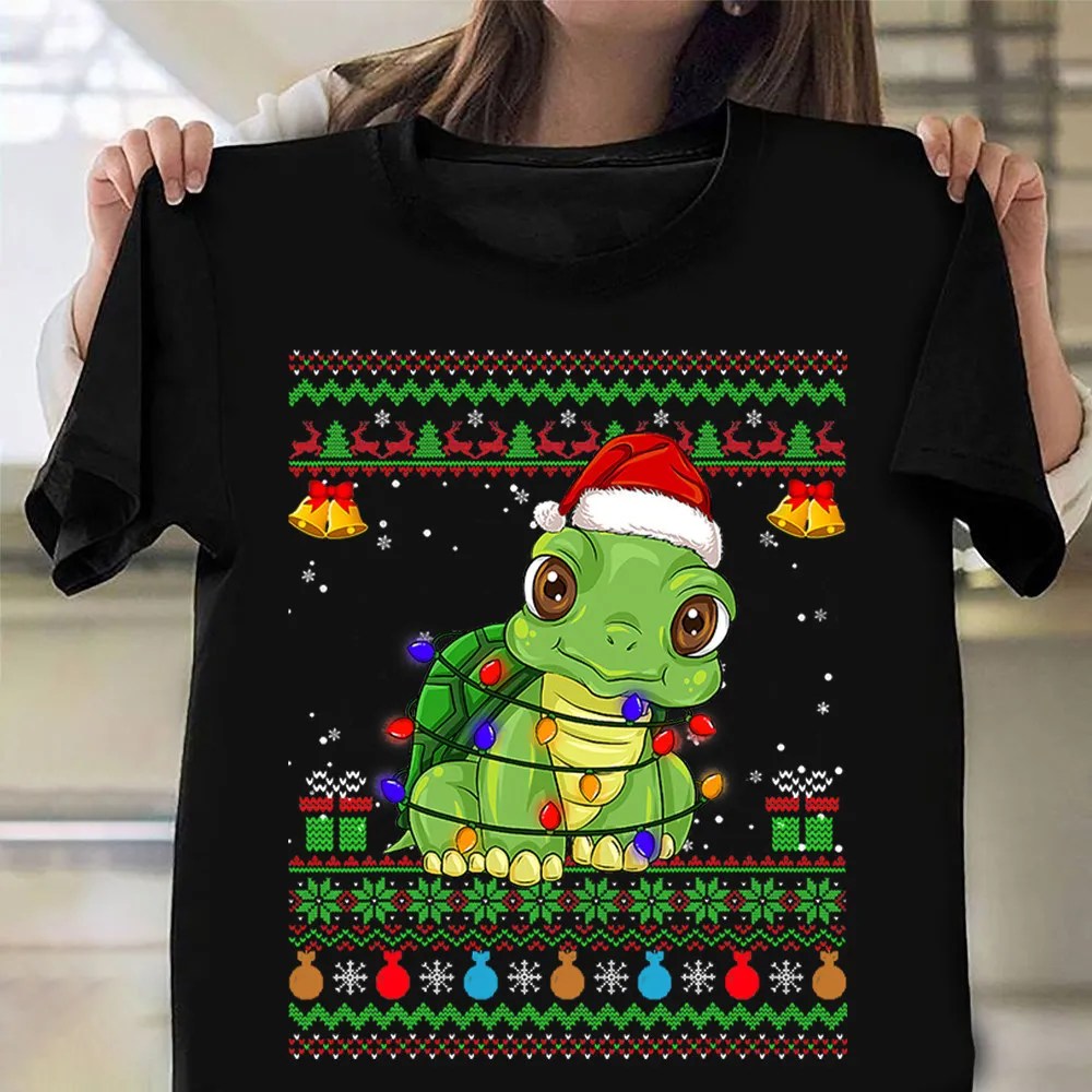 Turtle Santa Tree Lights Ugly Christmas Sweater T-Shirt Cute Turtle Xmas Shirts For Family - Image 2