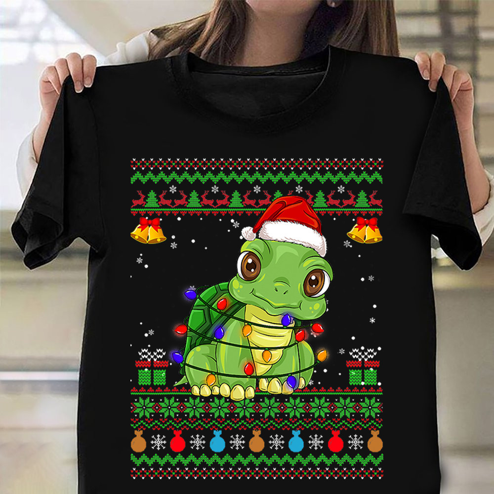 Turtle Santa Tree Lights Ugly Christmas Sweater T-Shirt Cute Turtle Xmas Shirts For Family