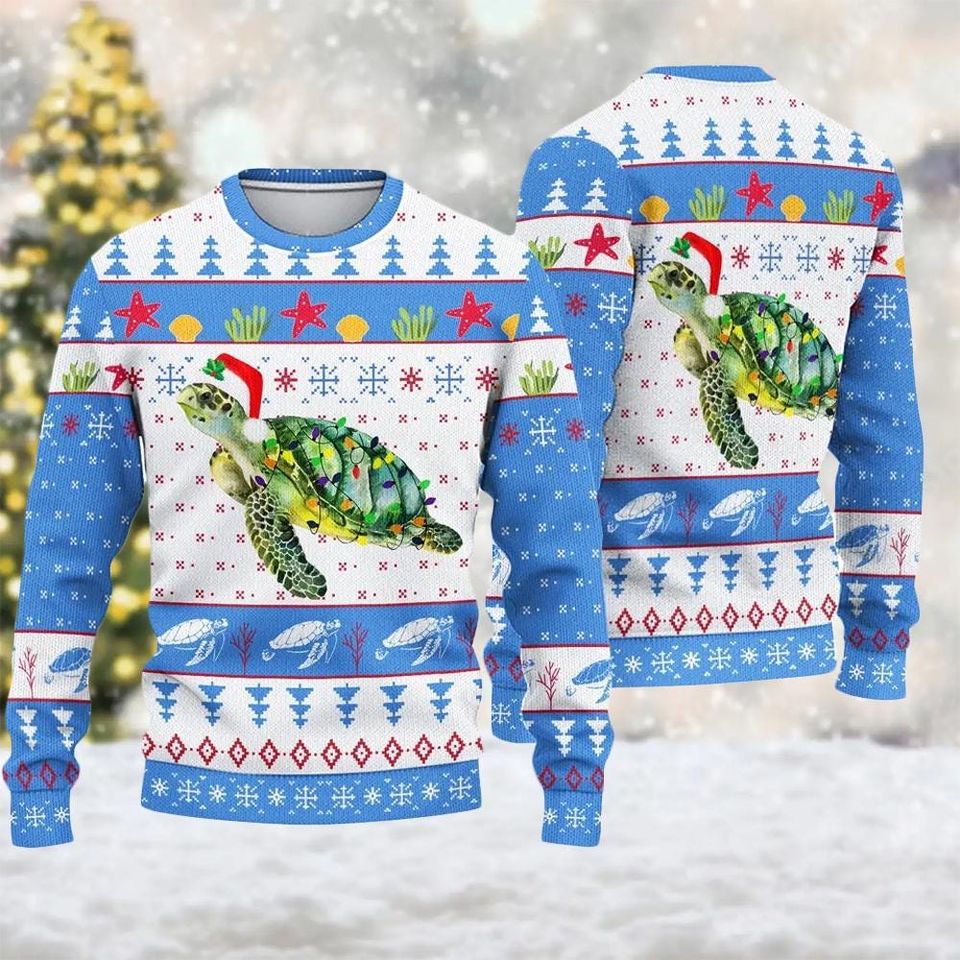 Turtle Ugly Christmas Sweater, Santa Turtle Xmas Ugly Sweater Knitted