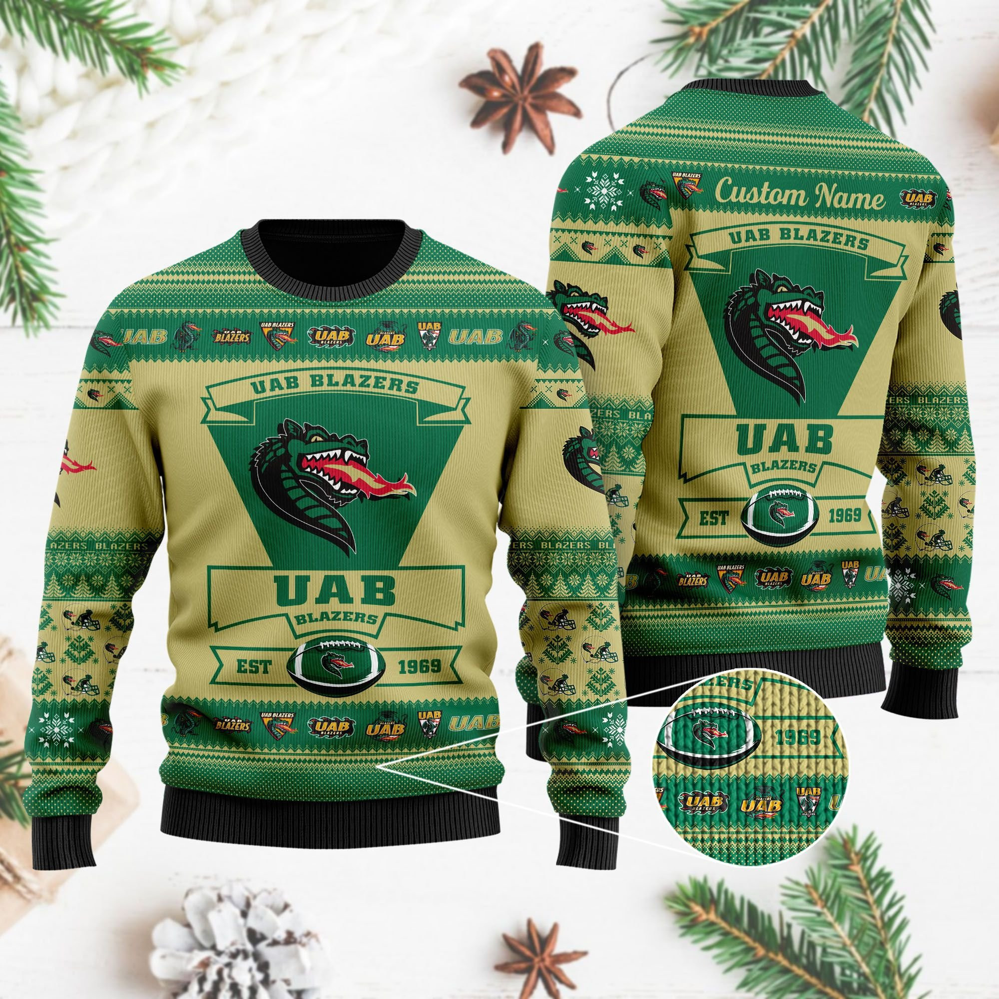 Uab Blazers Football Team Logo Custom Name Personalized Ugly Christmas Sweater Adult 3D Funny Matching for family - Image 4
