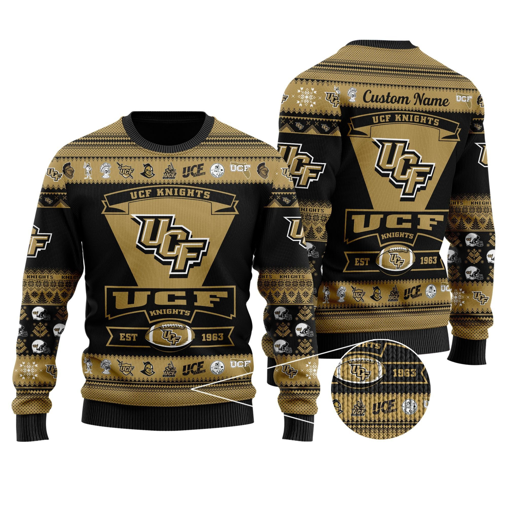 Ucf Knights Football Team Logo Custom Name Personalized Ugly Christmas Sweater Adult 3D Funny Matching for family