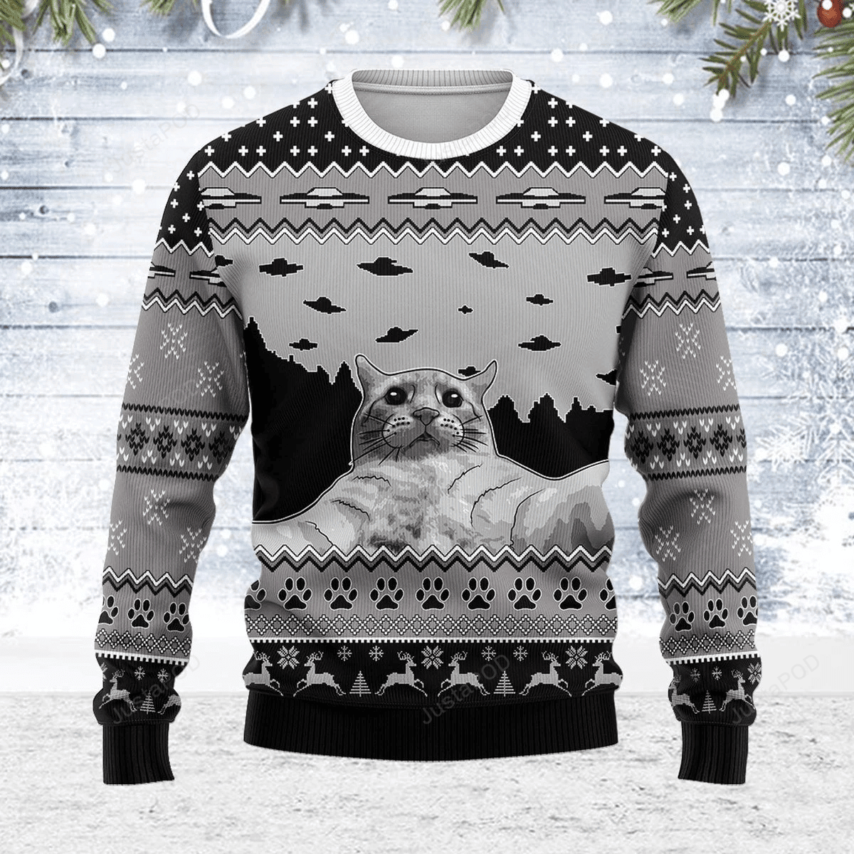 Ufo And Cat Ugly Christmas Sweater Adult 3D Funny Matching for family