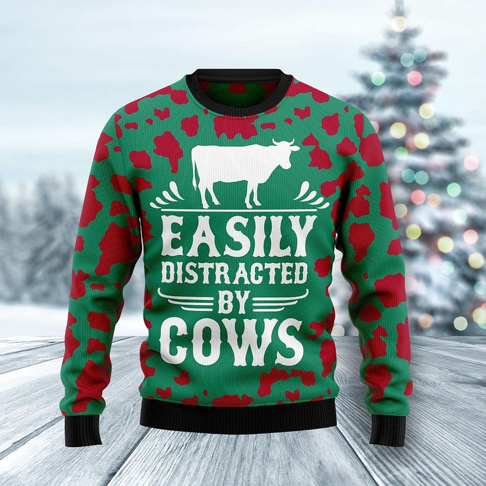 Ugly Christmas Cow Sweater, Easily Distracted by Cows Funny Holiday Pullover for Farmers, Ranch Lovers & Country Christmas Outfit - Image 3