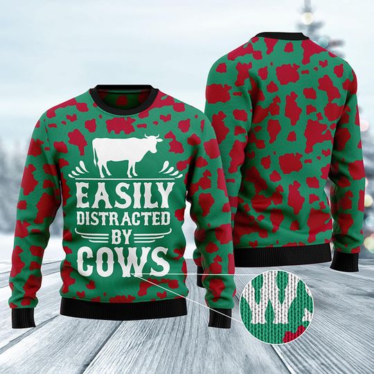 Ugly Christmas Cow Sweater, Easily Distracted by Cows Funny Holiday Pullover for Farmers, Ranch Lovers & Country Christmas Outfit - Image 5