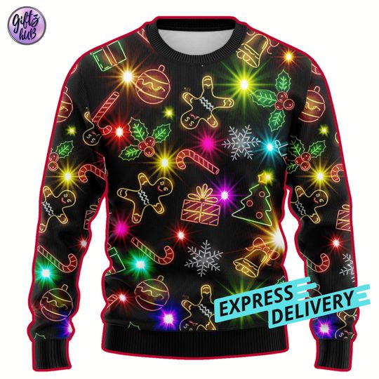 Ugly Christmas Neon Lighting Ugly Sweater, Bright neon light printed sweatshirt, - Image 2