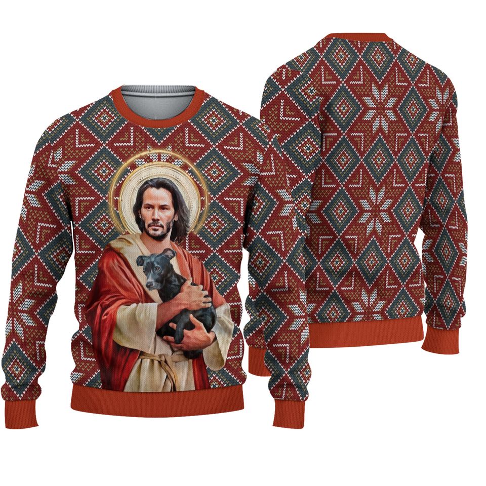 Ugly Christmas Sweater Jesus Keanu Reeves With Dog Ugly Christmas Sweater