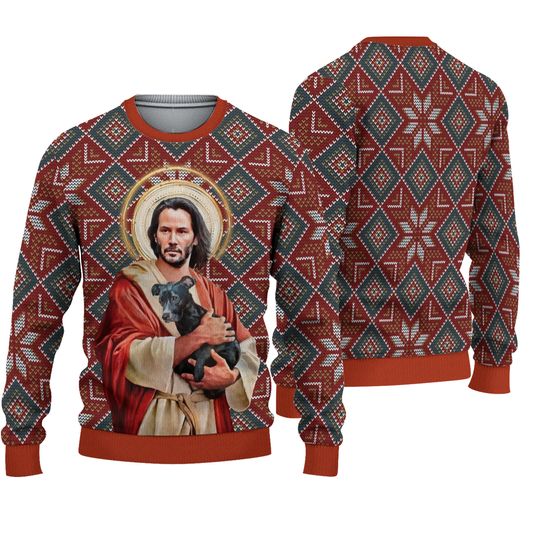 Ugly Christmas Sweater Jesus Keanu Reeves With Dog Ugly Christmas Sweater - Image 2