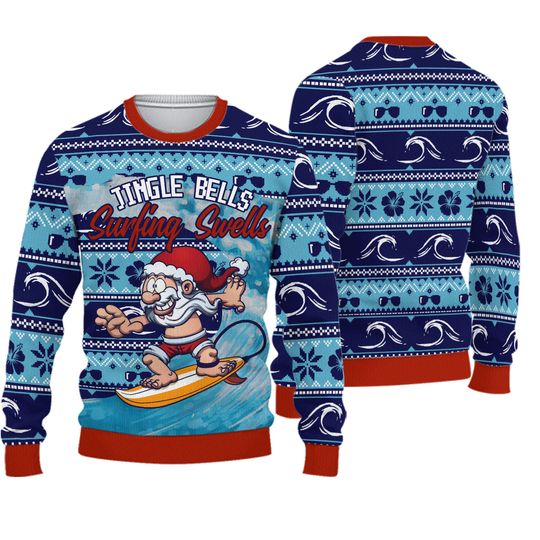 Ugly Christmas Sweater, Jingle Bells Surfing Swells, Gift for Surfers, Santa surfing the waves - Image 2