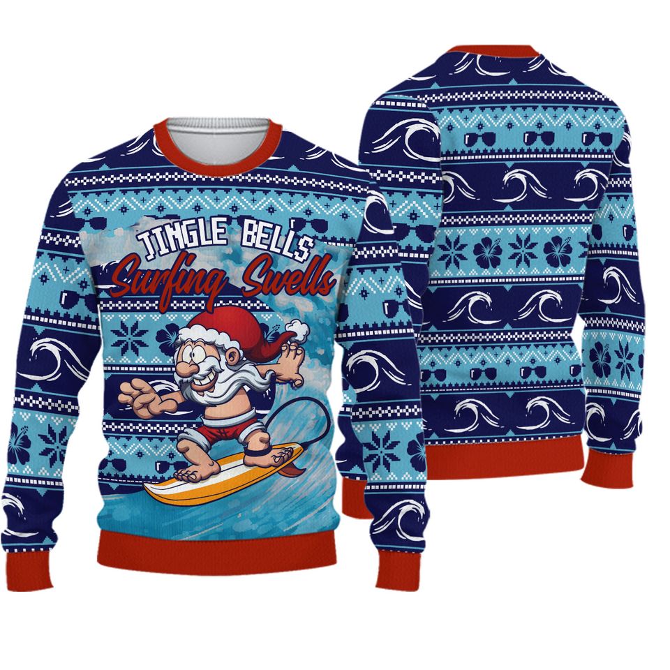 Ugly Christmas Sweater, Jingle Bells Surfing Swells, Gift for Surfers, Santa surfing the waves