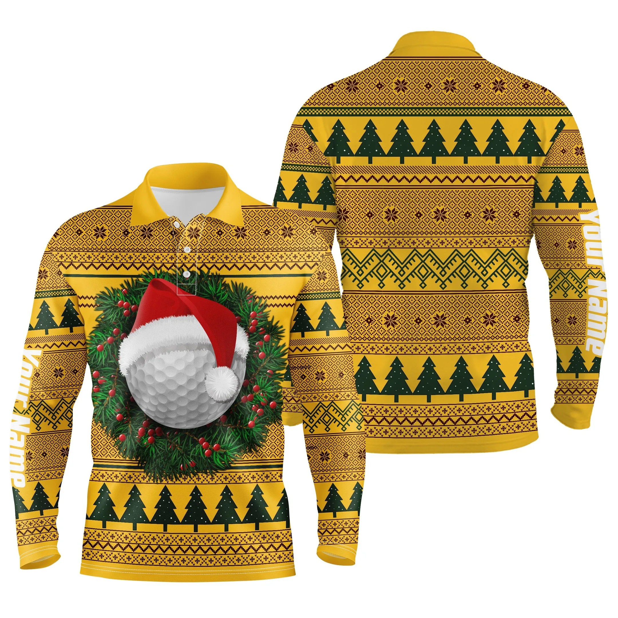 Ugly Christmas Sweater Men's Golf Sports Polo Custom Name Long Sleeves Shirt Xmas Gift For Golfer Custom Polo Shirts Long Sleeve Polo Shirt