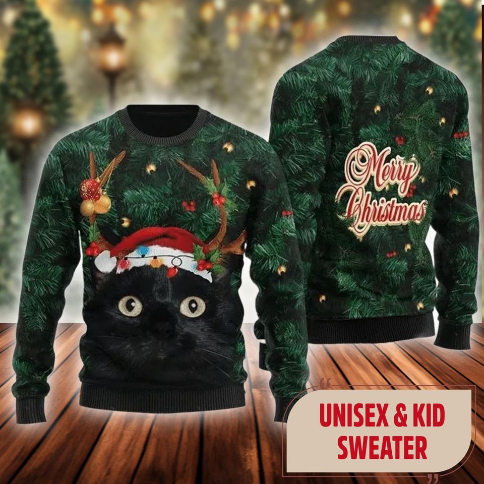 Ugly Christmas Sweater - Merry Christmas Black Cat Design