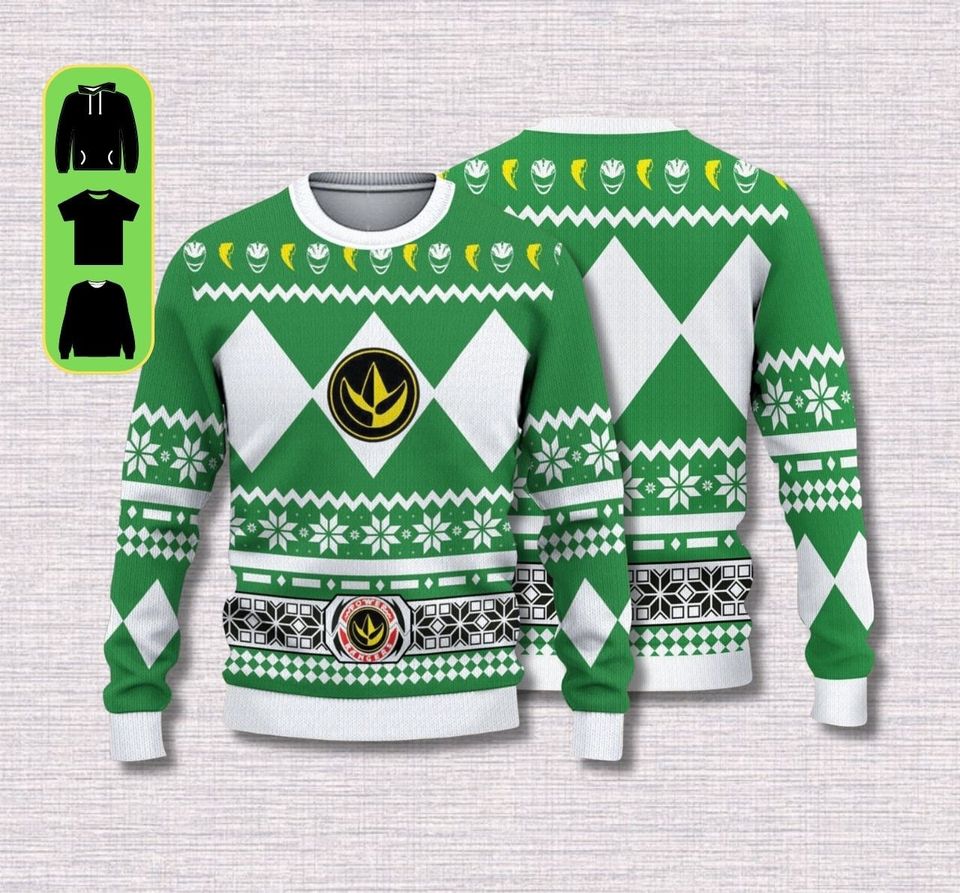 Ugly Christmas Sweater, Mighty Morphin Green Power Ranger Ugly Christmas Sweater