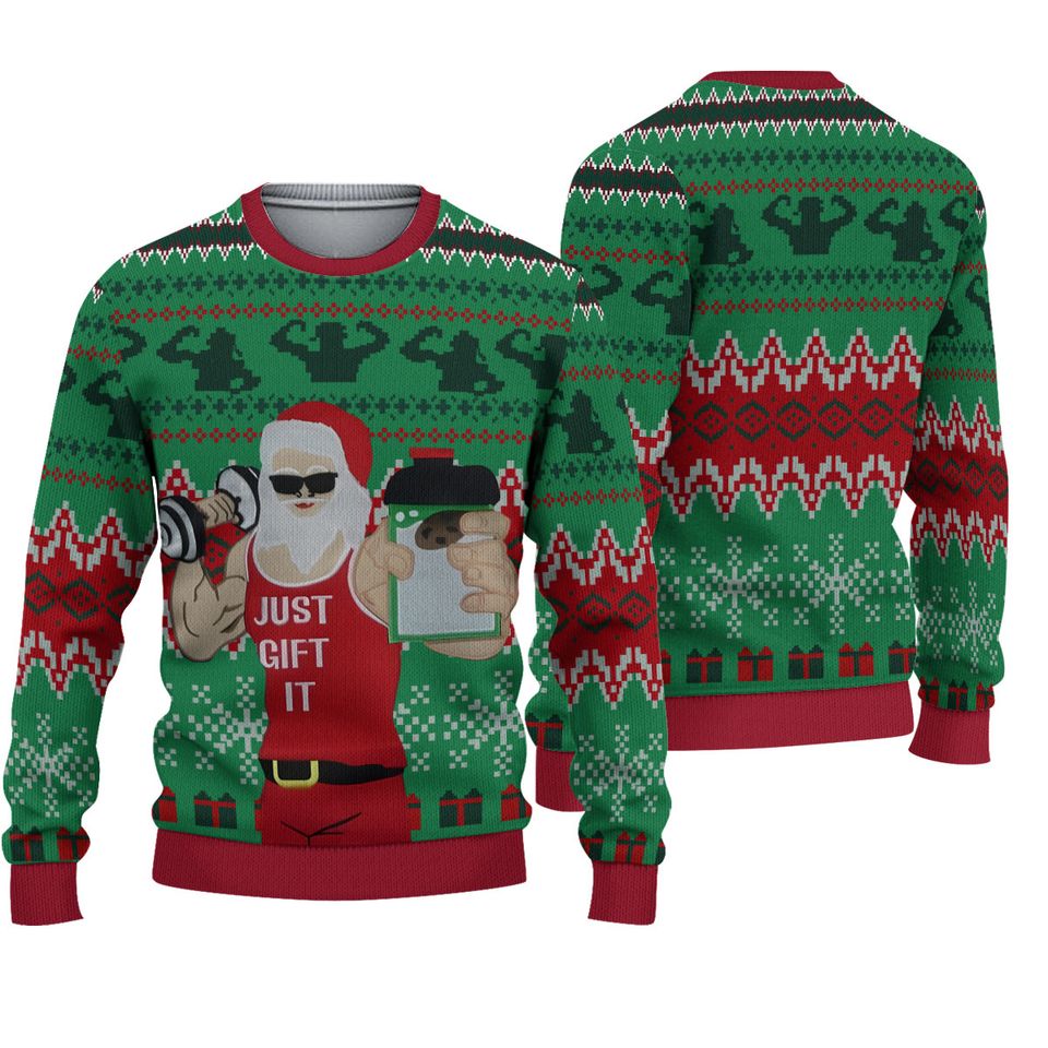 Ugly Christmas Sweater Muscle Lifting Gym Santa