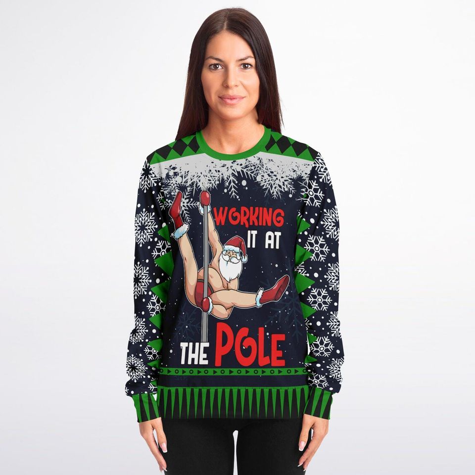 Ugly Christmas Sweater Working It at the Pole Funny Santa Christmas Sweatshirt - Image 4