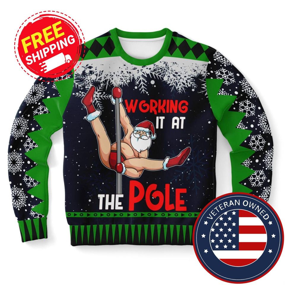 Ugly Christmas Sweater Working It at the Pole Funny Santa Christmas Sweatshirt - Image 2