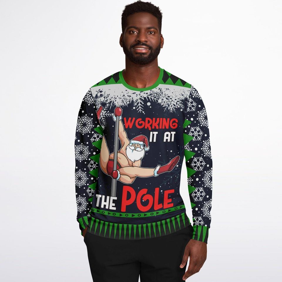 Ugly Christmas Sweater Working It at the Pole Funny Santa Christmas Sweatshirt - Image 5