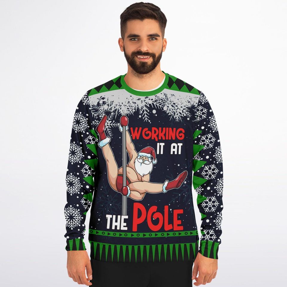 Ugly Christmas Sweater Working It at the Pole Funny Santa Christmas Sweatshirt - Image 7