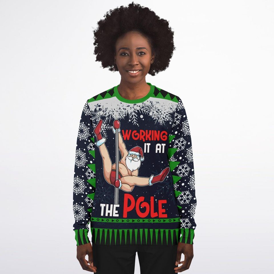 Ugly Christmas Sweater Working It at the Pole Funny Santa Christmas Sweatshirt - Image 6