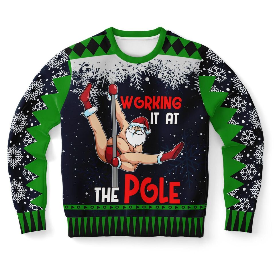 Ugly Christmas Sweater Working It at the Pole Funny Santa Christmas Sweatshirt - Image 9