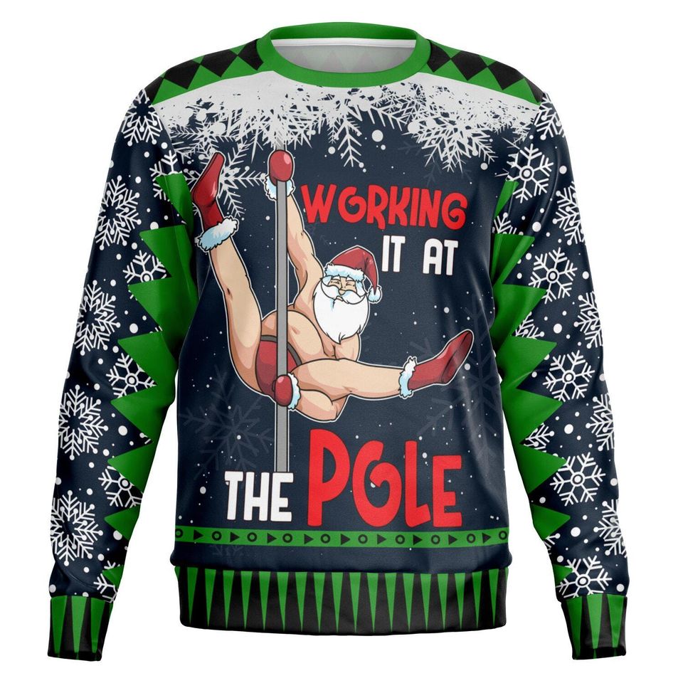 Ugly Christmas Sweater Working It at the Pole Funny Santa Christmas Sweatshirt - Image 8