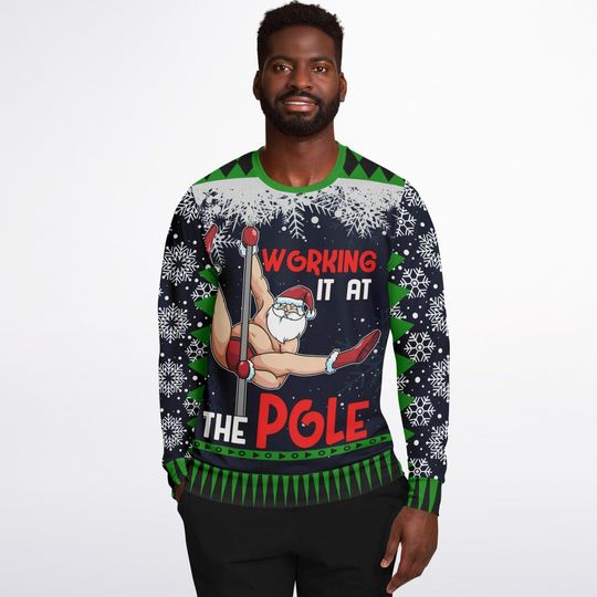 Ugly Christmas Sweater Working It at the Pole Funny Santa Christmas Sweatshirt - Image 16