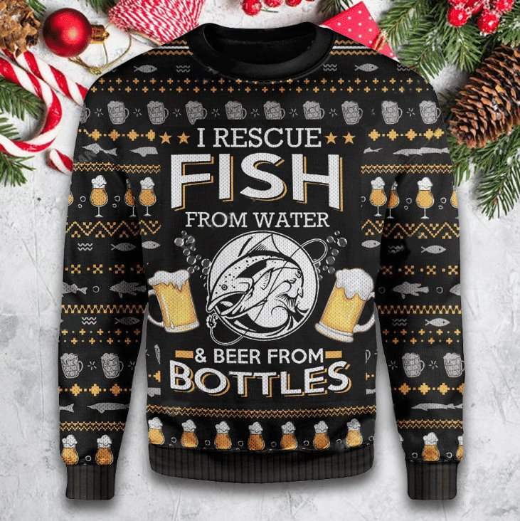 Ugly Fish And Beer Ugly Christmas Sweater Adult 3D Funny Matching for family