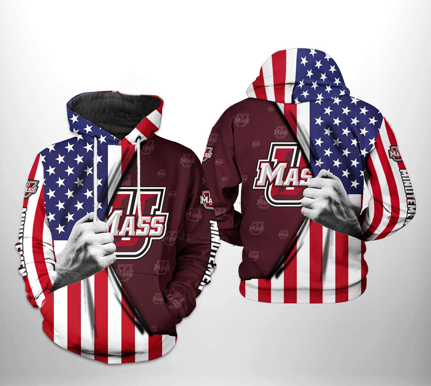 UMass Minutemen NCAA US Flag 3D All Over Print Hoodie, Zip Hoodie