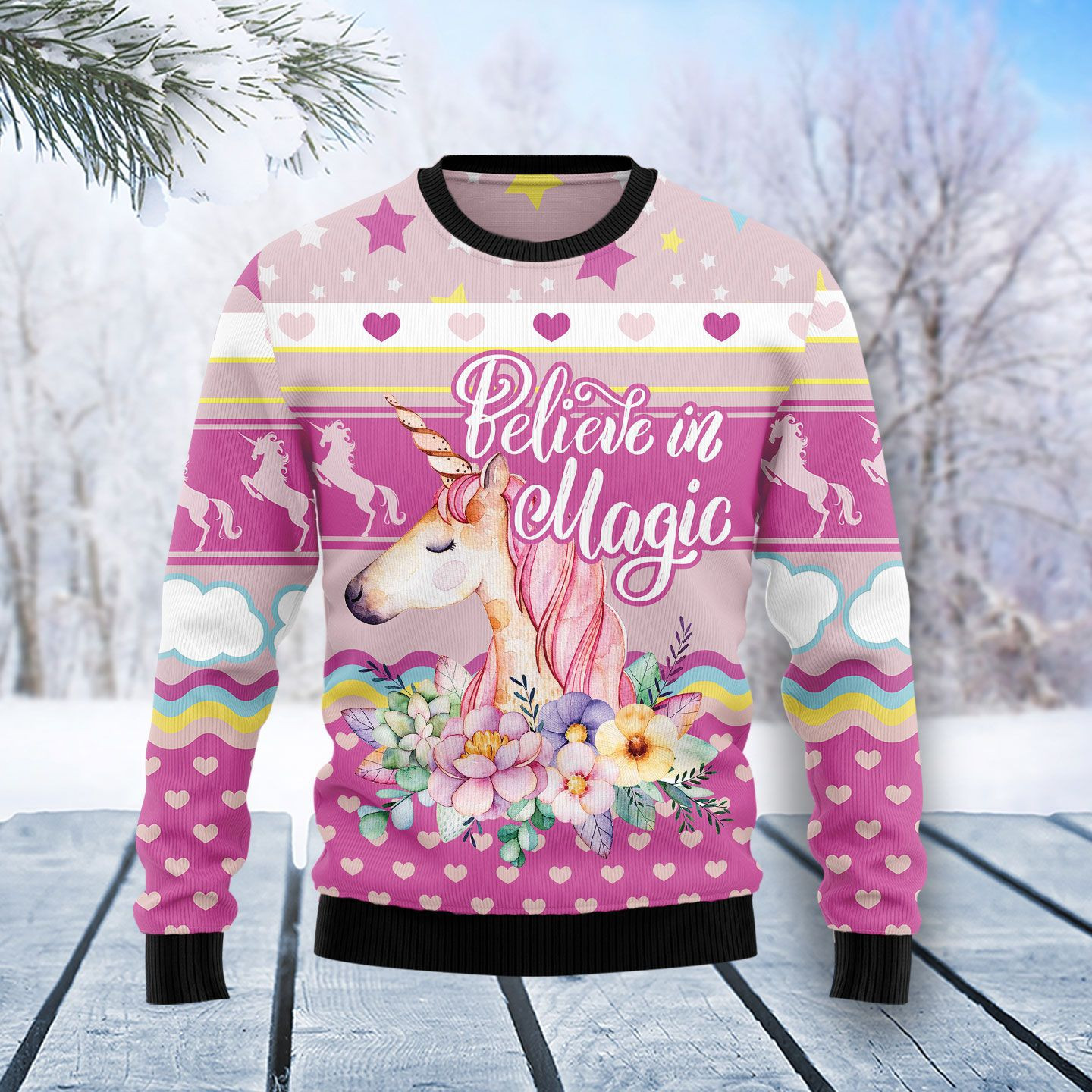Unicorn Believe In Magic Ugly Christmas Sweater Adult 3D Funny Matching for family