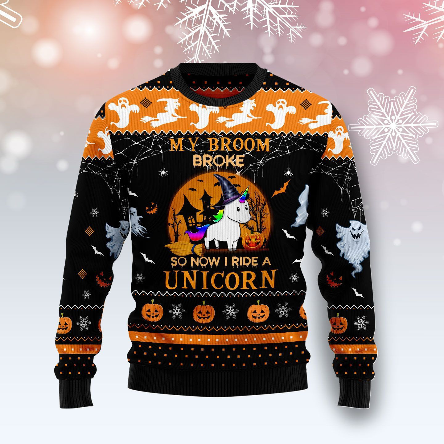 Unicorn Broom Ugly Christmas Sweater Adult 3D Funny Matching for family