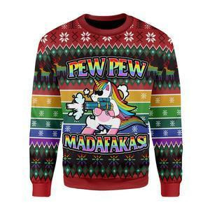 Unicorn LGBT Pew Pew Ugly Christmas Sweater Adult 3D Funny Matching for family