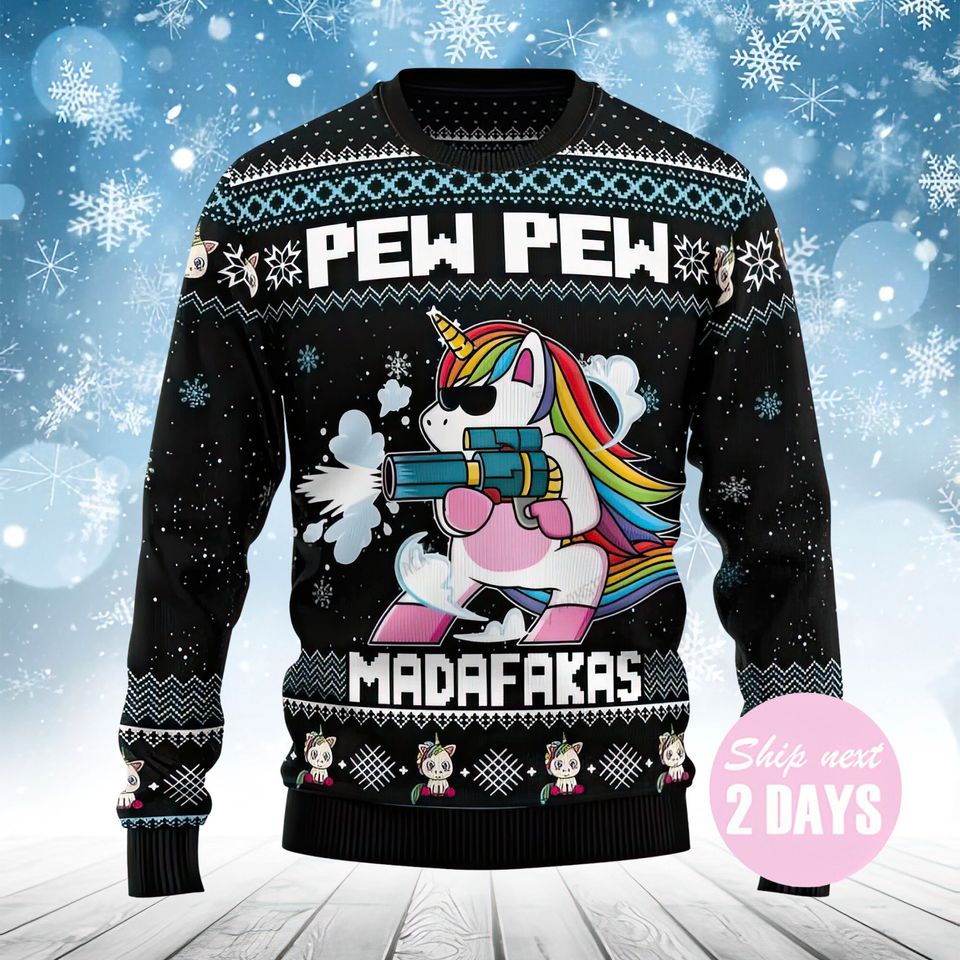 Unicorn Pew Pew Christmas Ugly Sweater, Unisex 3D
