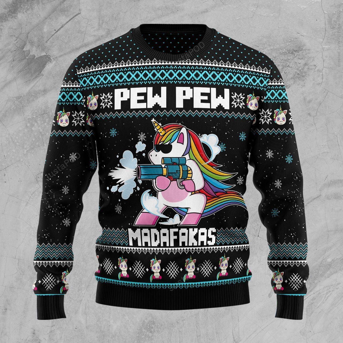 Unicorn Pew Pew Madafakas Ugly Christmas Sweater Adult 3D Funny Matching for family