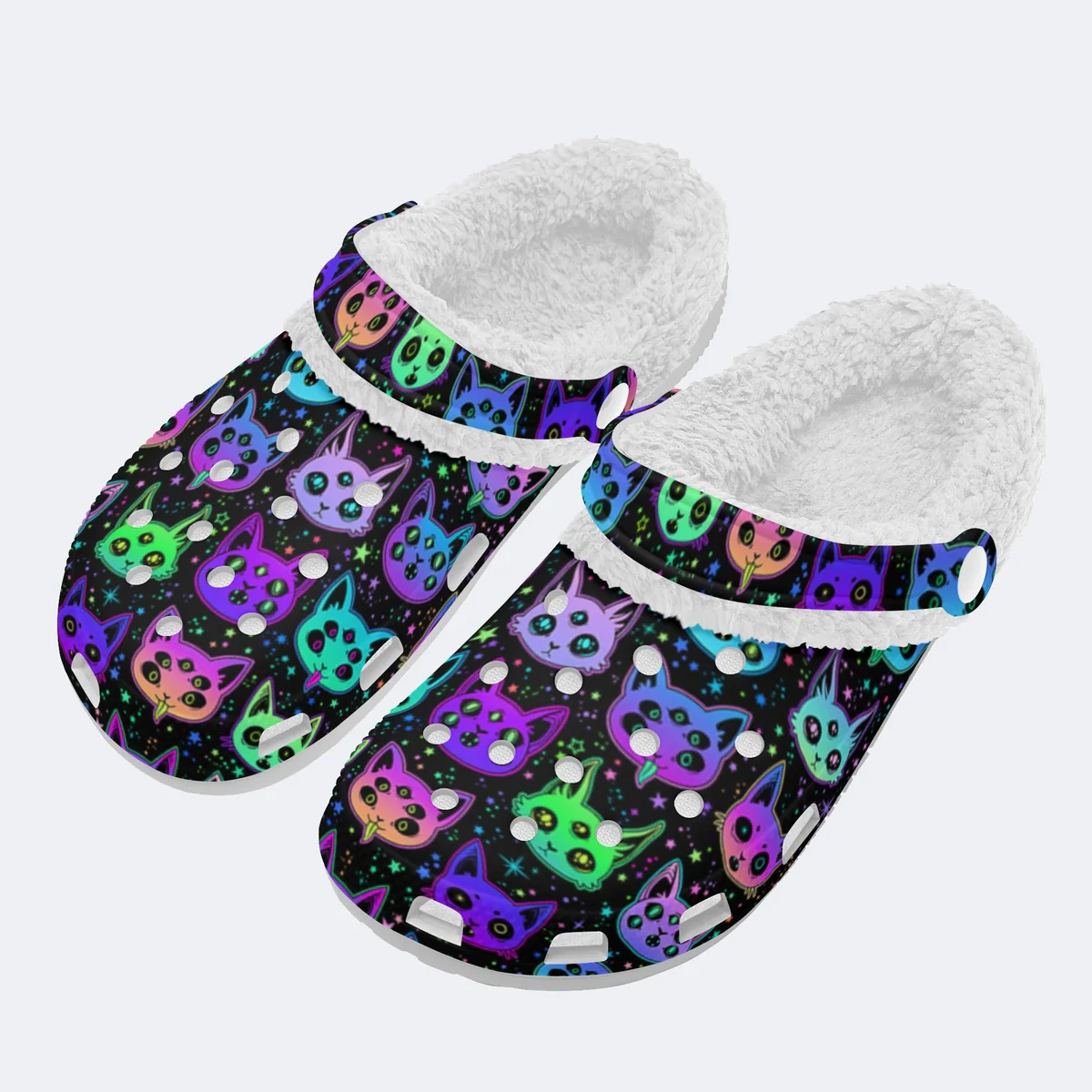 Unique Hollow Alien Cats Crocs Crocband Fleece Lined Clogs Shoes Comfortable For Men Women and Kids In Winter