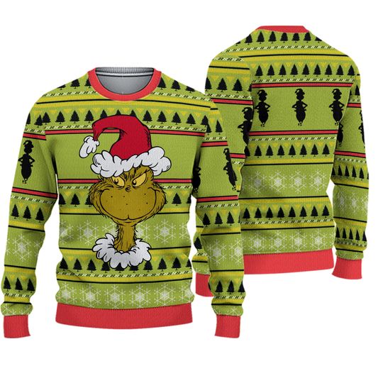 Unisex funny character Santa Hat Lime Green Snowflakes Ugly Christmas Halloween Sweater - Image 2