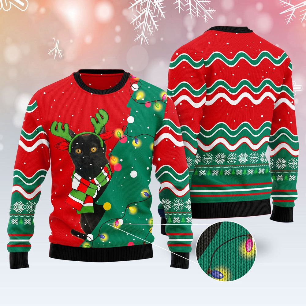 Unisex Ugly Christmas Sweatshirt Black Cat Christmas Tree LED Light Ugly Christmas Sweater Pet Lovers