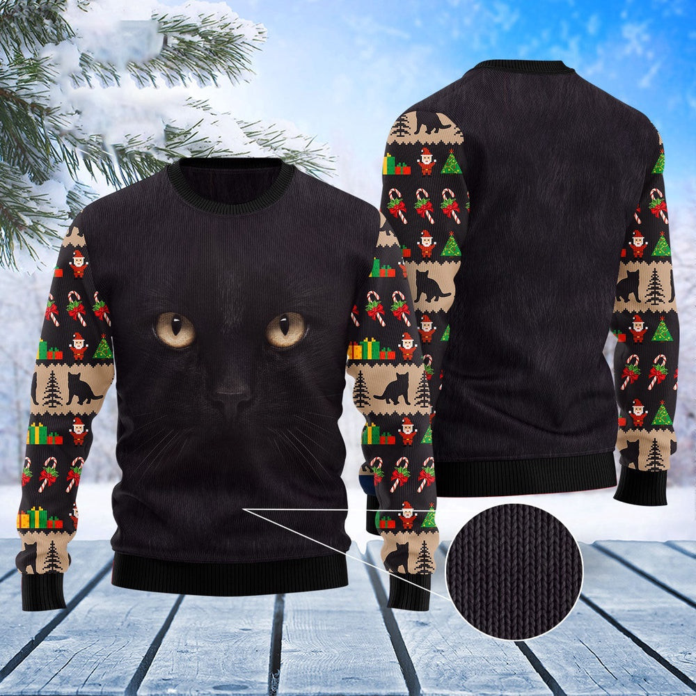 Unisex Ugly Christmas Sweatshirt Black Cat Cute Face Ugly Christmas Sweater Pet Lovers