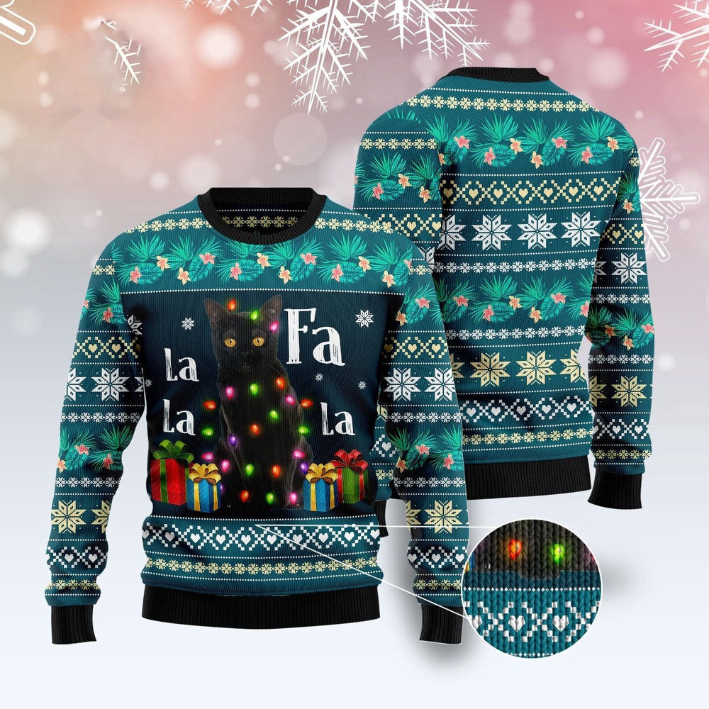 Unisex Ugly Christmas Sweatshirt Black Cat Falalala Ugly Christmas Sweater Pet Lovers