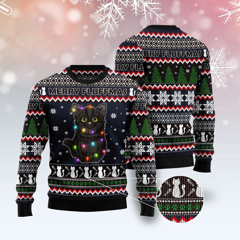 Unisex Ugly Christmas Sweatshirt Black Cat Fluffmas Ugly Christmas Sweater Pet Lovers