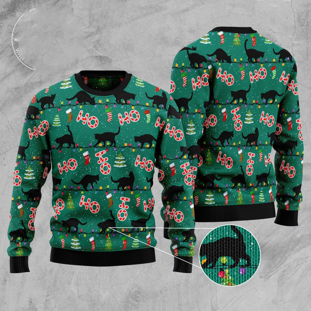 Unisex Ugly Christmas Sweatshirt Black Cat Ho Ho Ho Ugly Christmas Sweater Pet Lovers