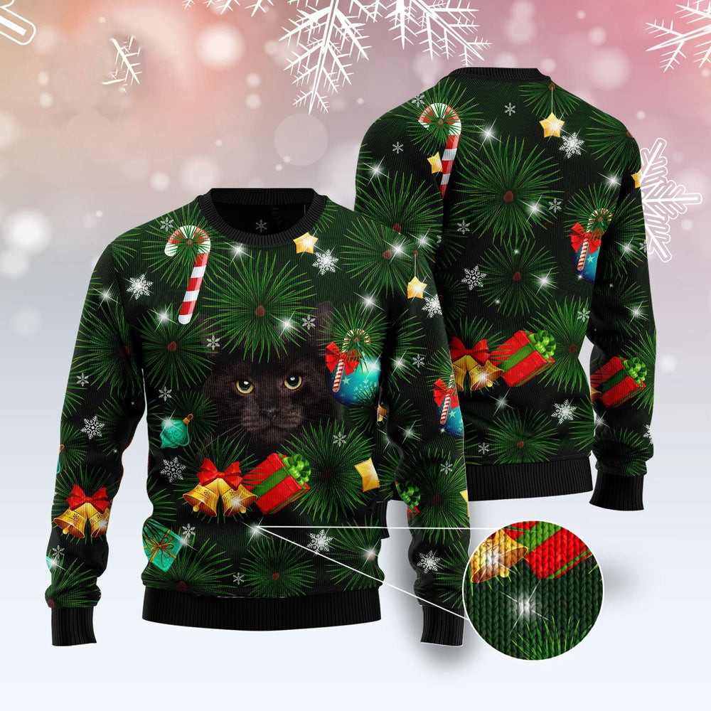 Unisex Ugly Christmas Sweatshirt Black Cat Inside Tree Ugly Christmas Sweater Pet Lovers