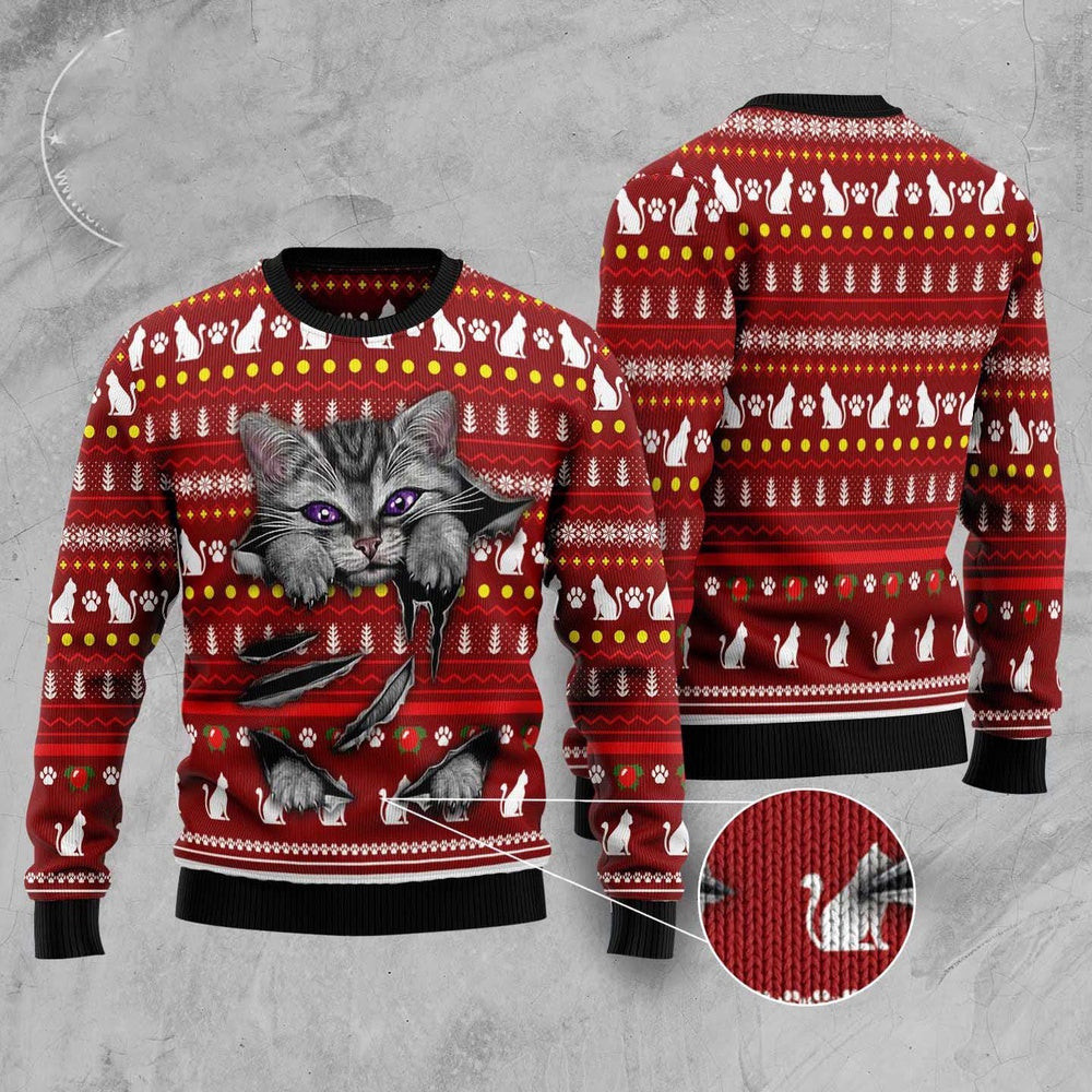Unisex Ugly Christmas Sweatshirt Cat Scratch Ugly Christmas Sweater Pet Lovers