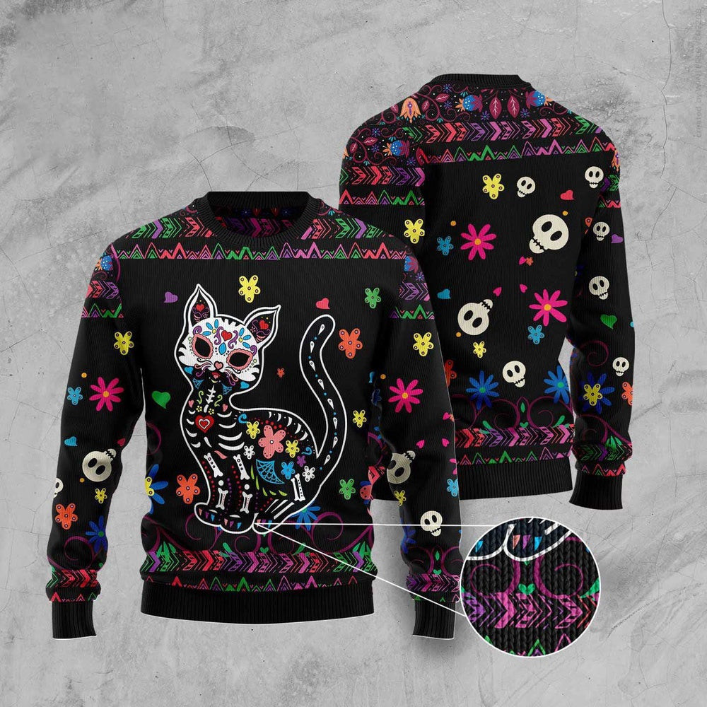 Unisex Ugly Christmas Sweatshirt Cat Sugar Skull Ugly Christmas Sweater Pet Lovers