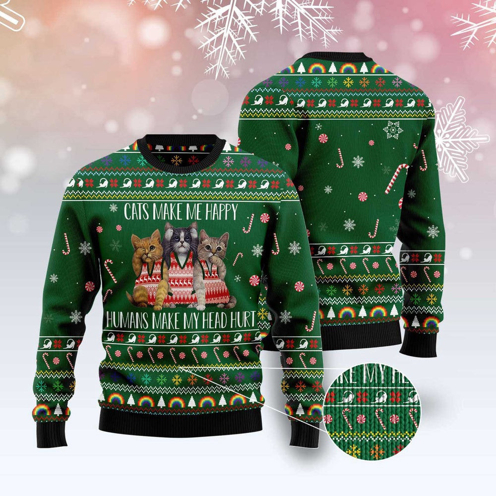 Unisex Ugly Christmas Sweatshirt Cats Make Me Happy Ugly Christmas Sweater Pet Lovers