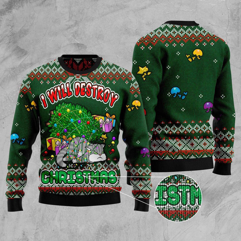 Unisex Ugly Christmas Sweatshirt Funny Cat I Will Destroy Christmas Ugly Christmas Sweater Pet Lovers