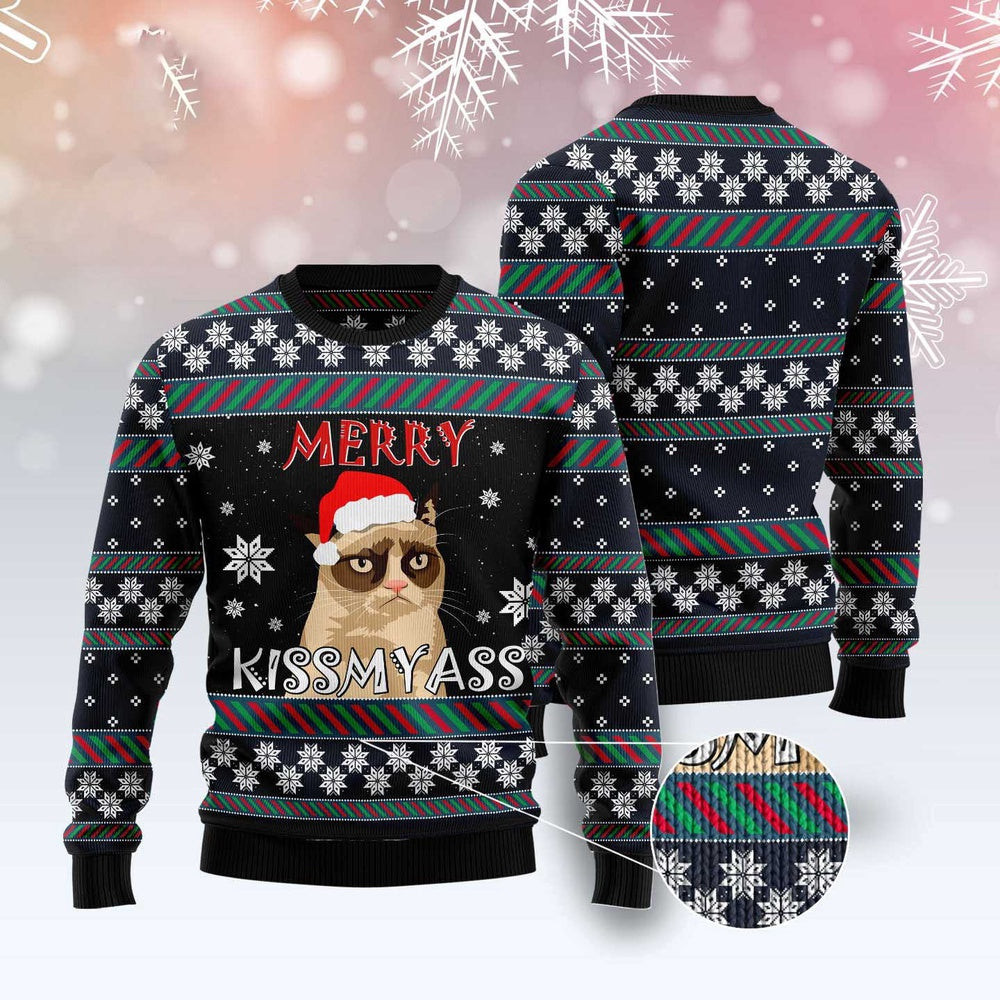 Unisex Ugly Christmas Sweatshirt Grumpy Cat Kiss My Ass Ugly Christmas Sweater Pet Lovers