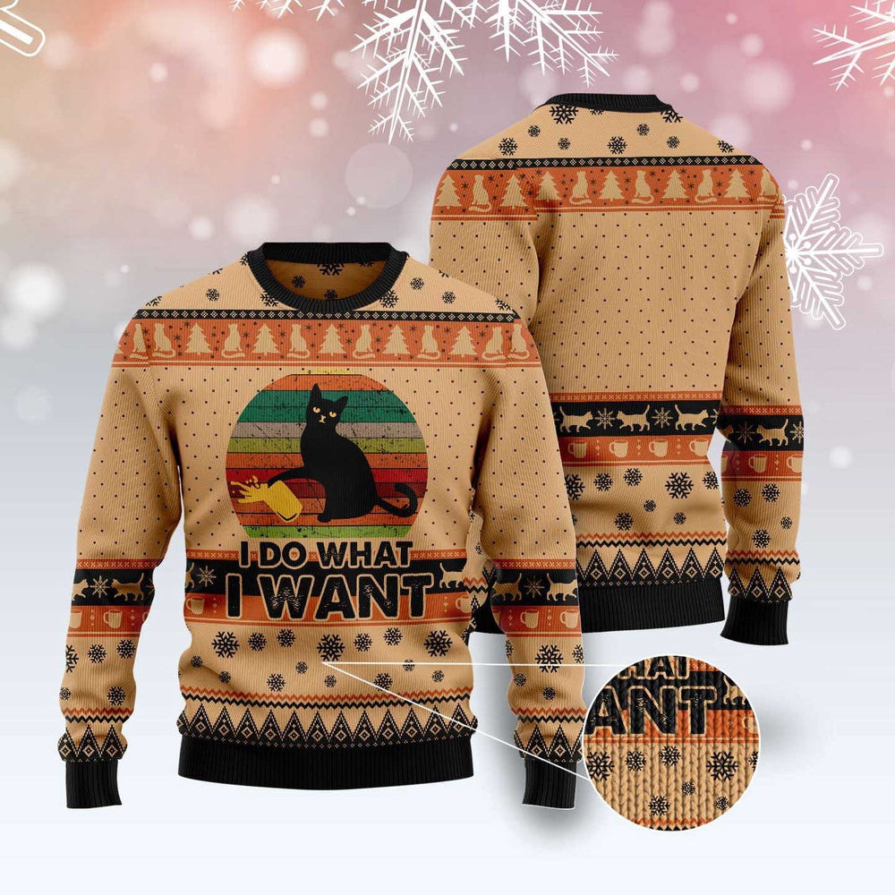 Unisex Ugly Christmas Sweatshirt I Do What I Want Black Cat Ugly Christmas Sweater Pet Lovers